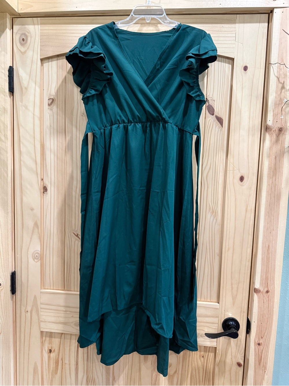 Emerald Green Ruffle Sleeve High Low Wrap Dress Size L - Picture 2 of 9